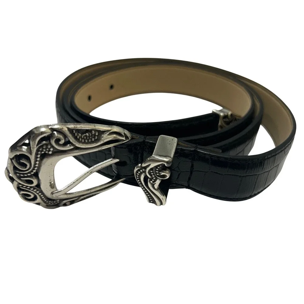 Coldwater Creek Black Croc Leather Western Belt Silver Ornate Buckle 2X 2007